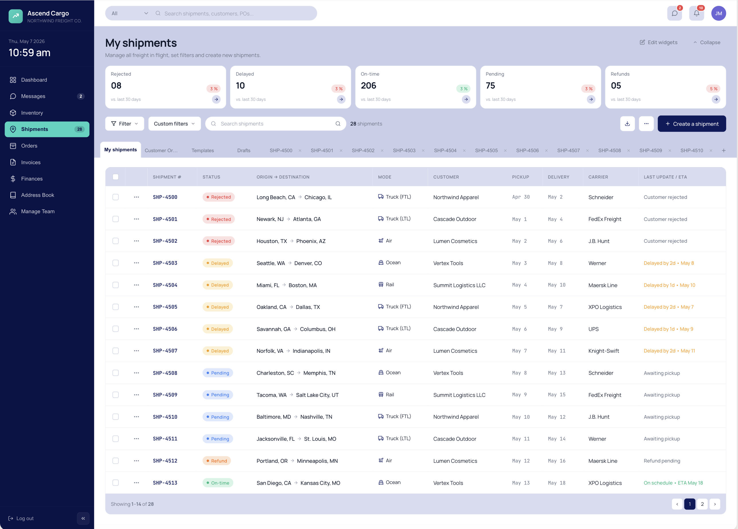 Shipment management with eleven shipment tabs open