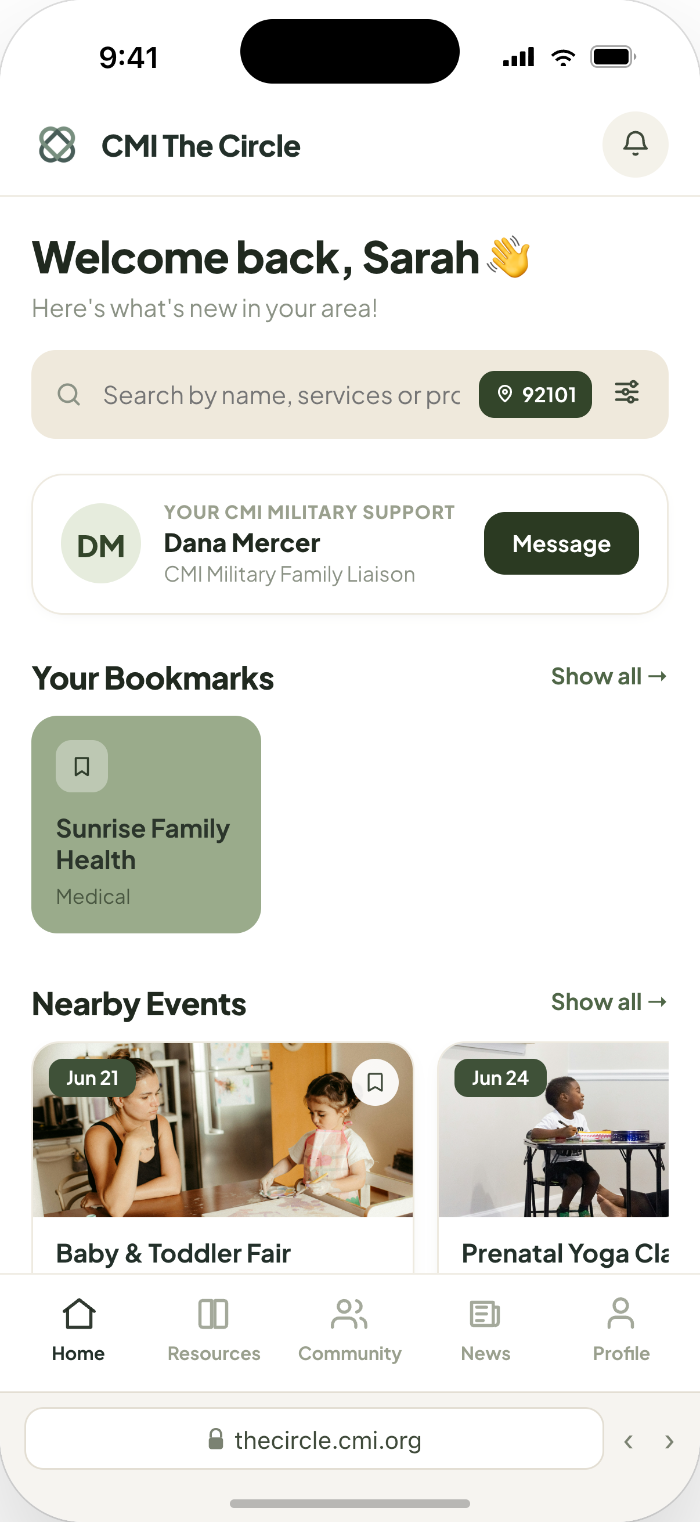 CMI The Circle home screen with a CMI Military Family Liaison contact card