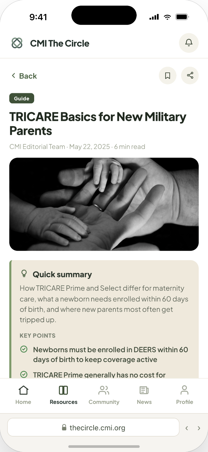 TRICARE Basics for New Military Parents guide on CMI The Circle